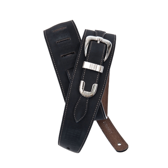 Immagine di Tracolla per chitarra D'Addario Accessories, in pelle nera, decorata con fibbia
