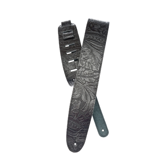 Immagine di Tracolla per chitarra D'Addario Accessories, in pelle nera lavorata a sbalzo