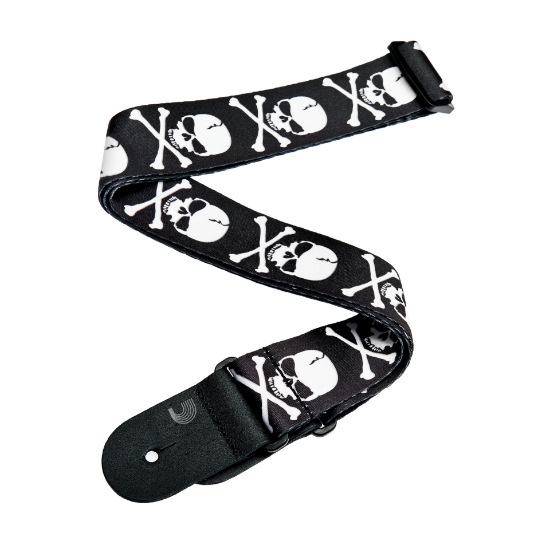 Immagine di Tracolla per chitarra D'Addario Accessories in tessuto, teschio e ossa incrociate