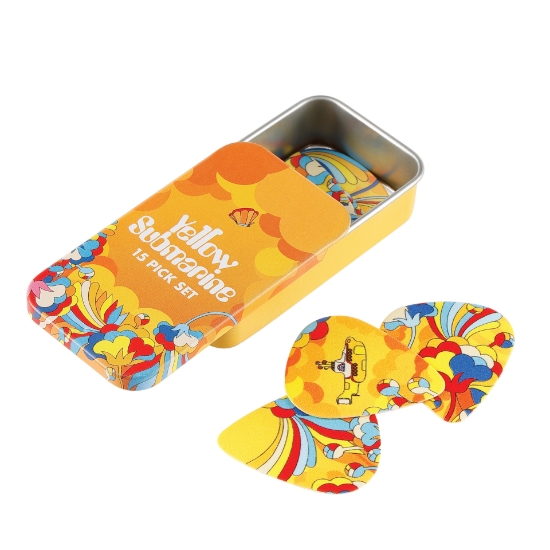 Immagine di Plettri medi (spessore 0,70 mm) D'Addario per chitarra, 55° anniversario di Yellow Submarine dei Beatles, grafica Primrose Prairie, confezione da 15