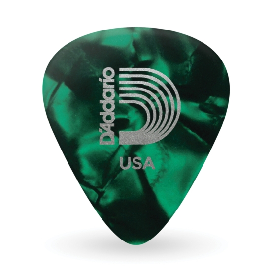 Immagine di Confezione da 25 plettri duri D'Addario Accessories, di colore verde perla, in celluloide
