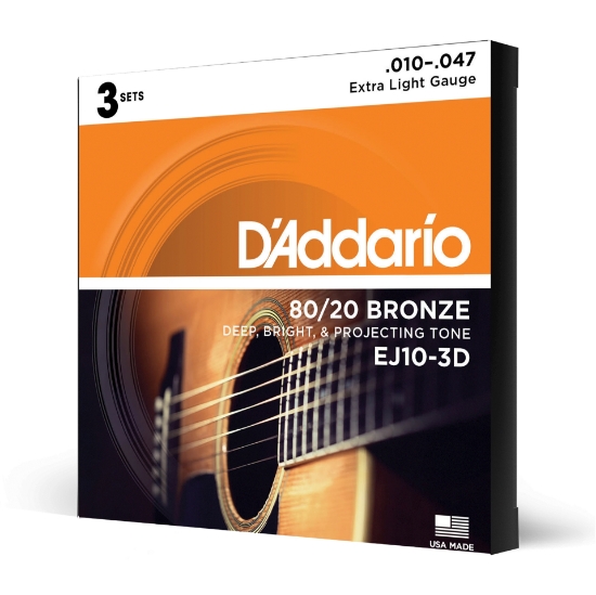 Immagine di D'Addario EJ10-3D - Corde in bronzo per chitarra acustica, scalatura extra leggera, 10-47, 3 mute