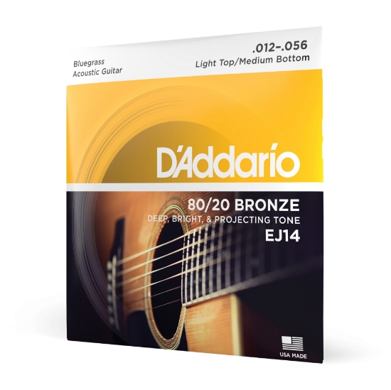 Immagine di Corde D’Addario EJ14 per chitarra acustica, rivestimento in bronzo 80/20, Light Top/Medium Bottom/Bluegrass, 12-56