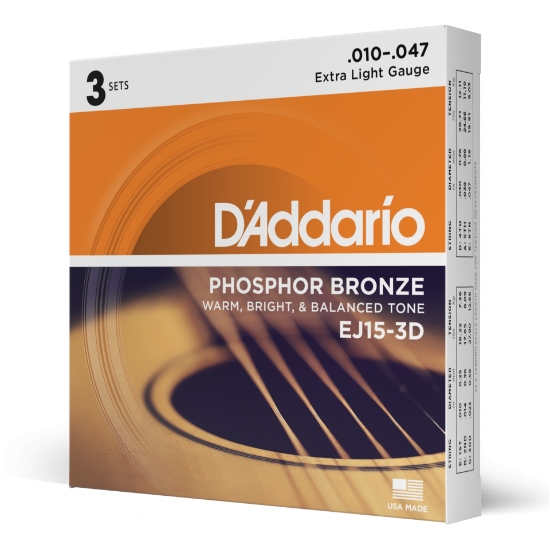 Immagine di Corde D’Addario EXP15 per chitarra acustica, in bronzo fosforoso, Extra Light, 10-47, 3 sets