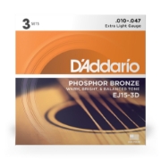 Immagine di Corde D’Addario EXP15 per chitarra acustica, in bronzo fosforoso, Extra Light, 10-47, 3 sets
