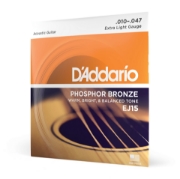 Immagine di Corde D’Addario EJ15 per chitarra acustica, in bronzo fosforoso, Extra Light, 10-47