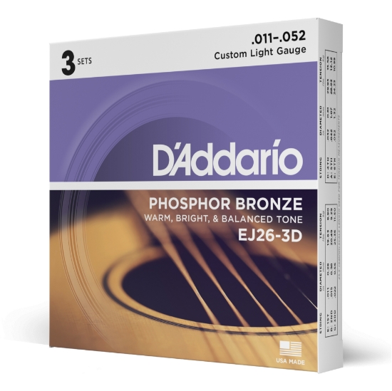 Immagine di Corde D’Addario EJ26-3D per chitarra acustica in bronzo fosforoso, Custom Light, 11-52, 3 sets