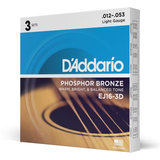 Immagine di Corde D'Addario EJ16-3D in bronzo fosforoso per chitarra acustica, Light, 3 sets