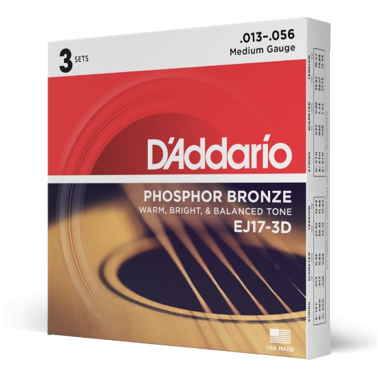 Immagine di Corde D’Addario EJ17-3D in bronzo fosforoso per chitarra acustica, Medium, 13-56, 3 Sets