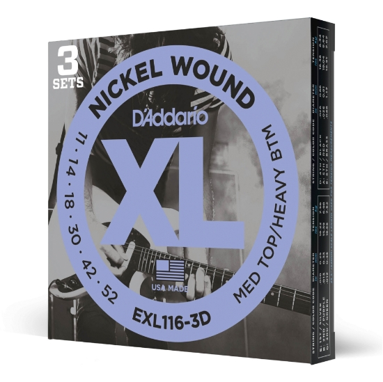 Immagine di D'Addario EXL116-3D - Corde avvolte in nickel per chitarra elettrica, scalatura media per i cantini / pesante per i bassi, 11-52, 3 mute