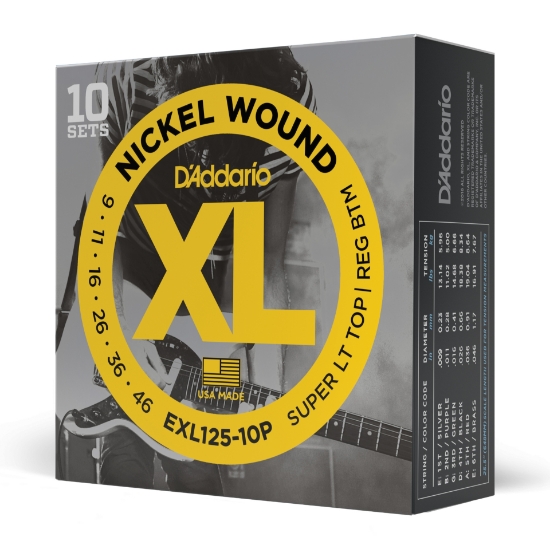Immagine di Corde D'Addario EXL125-10P per chitarra elettrica, Nickel Wound, Super Light Top/Regular Bottom, 9-46, 10 set