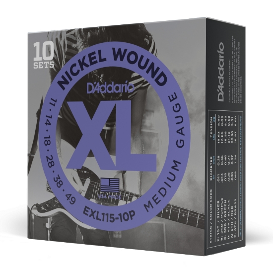 Immagine di Corde D’Addario EXL115-10P per chitarra elettrica, Nickel Wound, Medium/Blues-Jazz Rock, 11-49, 10 set
