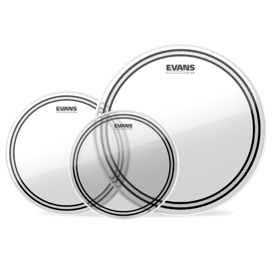 Immagine di Confezione da 3 pelli trasparenti EVANS EC2 per tom rispettivamente di 10 ", 12 " e 16 ", Rock